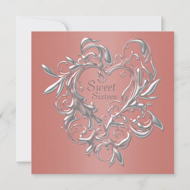 Invitación Corazón de Plata Coral Cumpleaños Dieciséis Dulce (Anverso)