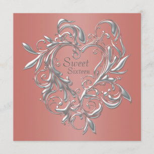 Invitación Corazón de Plata Coral Cumpleaños Dieciséis Dulce