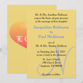 Invitación Corazón de puesta de sol Amarillo Azul Monograma B