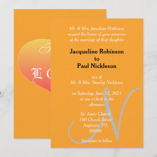 Invitación Corazón de puesta de sol con monograma naranja