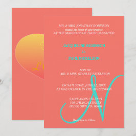 Invitación Corazón de puesta de sol Monograma Coral Turquesa