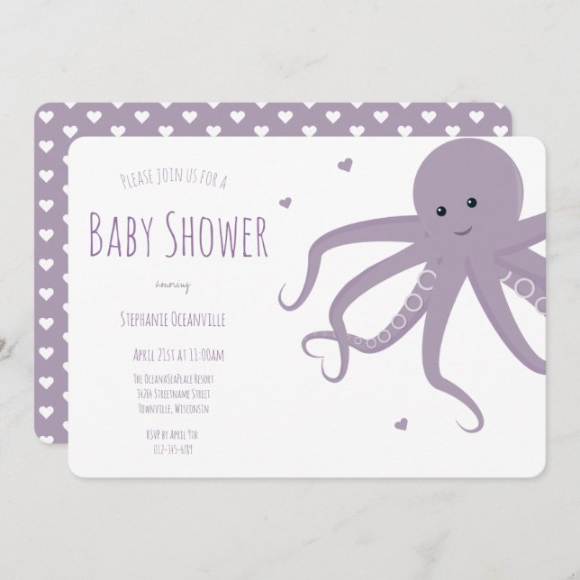 Invitación Corazón de pulpo lindo Baby Shower horizontal púrp (Anverso / Reverso)