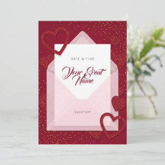 Invitación Corazón de Purpurina Rojo Sobre Fondo Rosa Románti