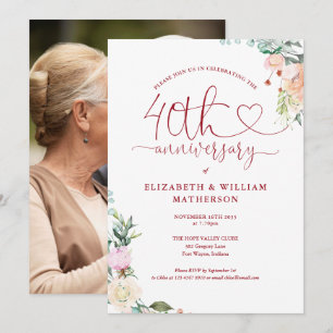 Invitación Corazón de Rubí Floral Foto 40 Aniversario