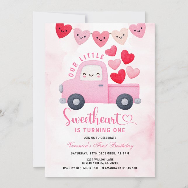 Invitación Corazón de San Valentín Globo de Camión Cumpleaños (Anverso)