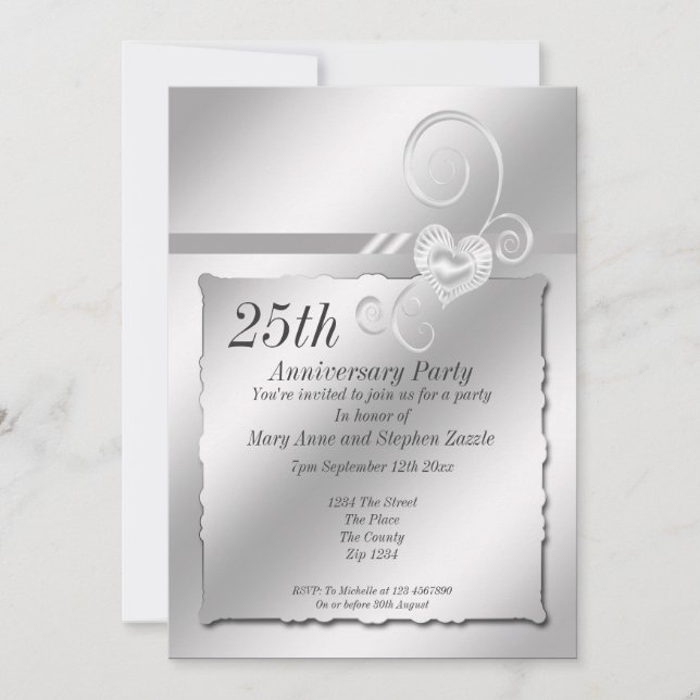 Invitación Corazón del aniversario del Boda de Plata (Anverso)