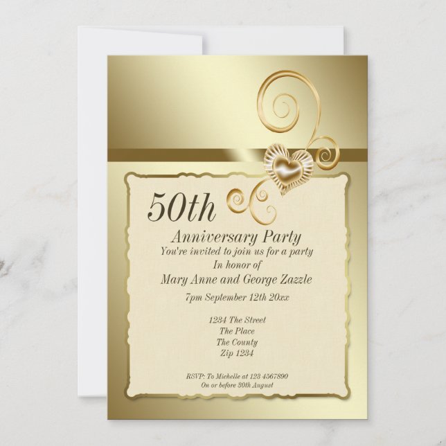 Invitación Corazón del Aniversario del Boda Dorado (Anverso)