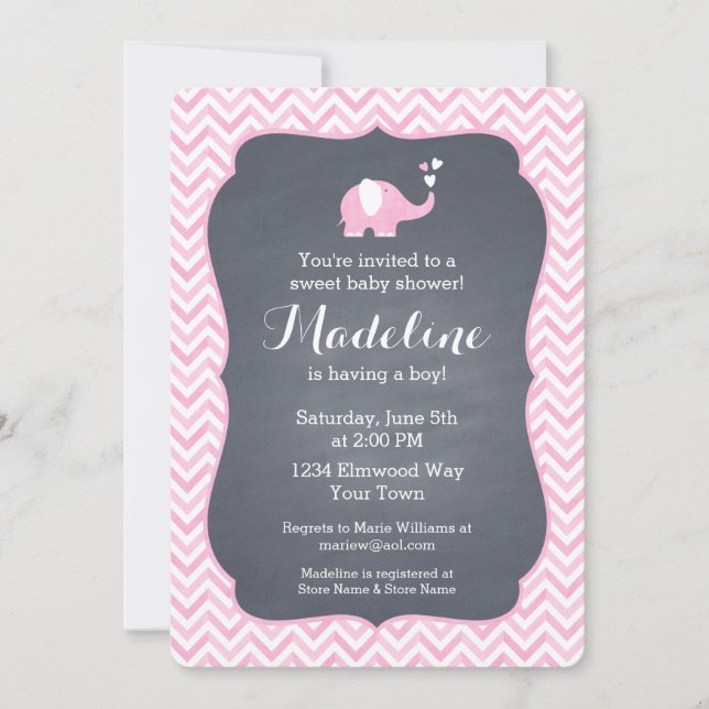 Invitación Corazón del elefante rosado (Anverso)