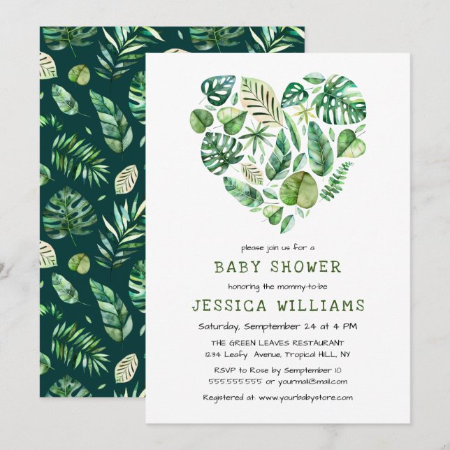 Invitación Corazón del Foliage de acuarela tropical Baby Show (Anverso / Reverso)