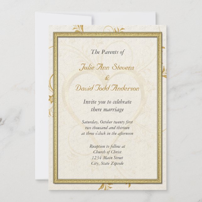 Invitación Corazón dorado con Boda de bastidor (Anverso)