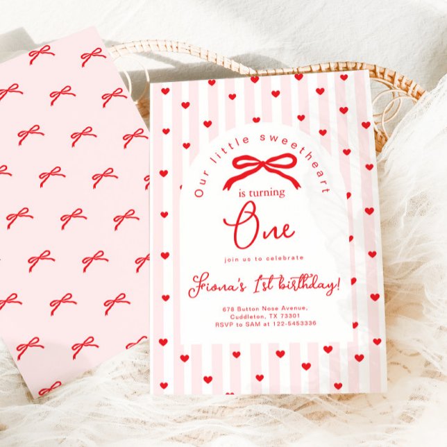 Invitación Corazón Dulce Rosa Lazo Rojo Primer Cumpleaños (Subido por el creador)