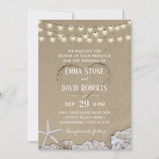 Invitación Corazón en la boda de arena rústica (Anverso)