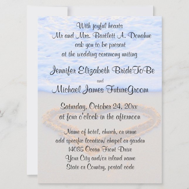 Invitación Corazón en la boda de playa de la arena (Anverso)