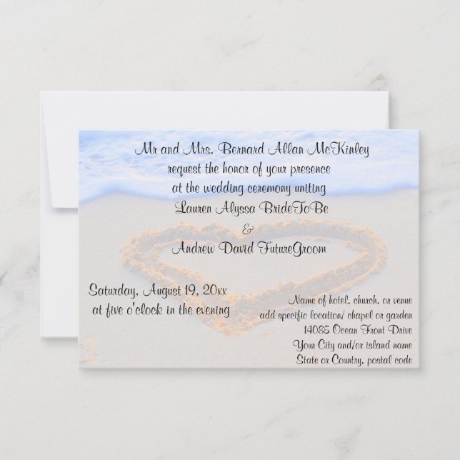 Invitación Corazón en la recepción nupcial de la playa de la (Anverso)