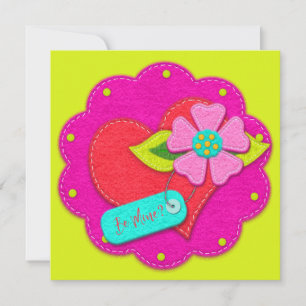 Invitación Corazón Flor de Estilo de Fieltro Rosa Brillante y