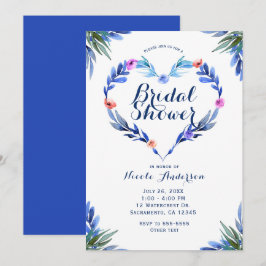 Invitación Corazón Floral Botánico Acuarela Azul Brillante