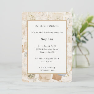 Invitación Corazón Floral Cumpleaños Sobre Azul Francés