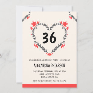 Invitación Corazón floral de cualquier edad para su 36 cumple