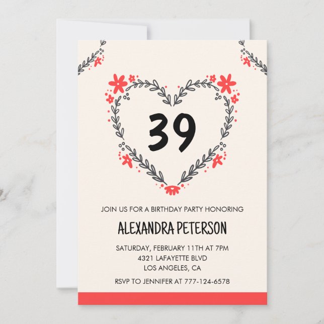 Invitación Corazón floral de cualquier edad para su 39 cumple (Anverso)