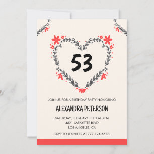 Invitación Corazón floral de cualquier edad para su 53 cumple