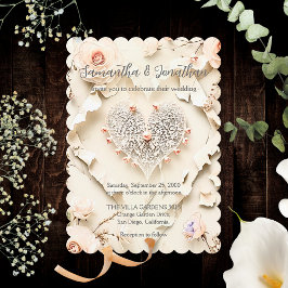 Invitación Corazón Floral de Encaje Marfil Romance Matrimonio