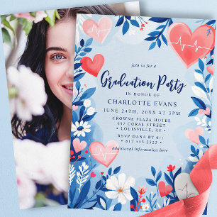 Invitación Corazón Floral de Enfermera Azul Claro Graduación 