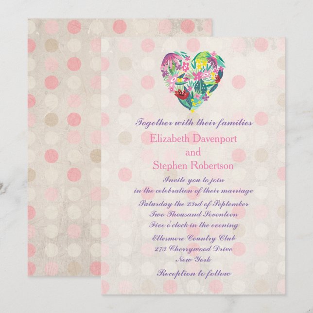 Invitación Corazón floral de verano en Boda rosa y verde (Anverso / Reverso)