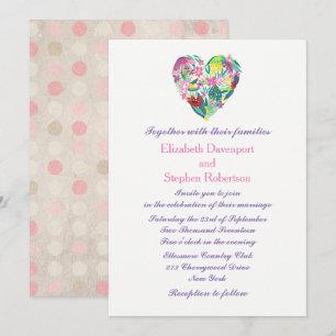 Invitación Corazón Floral Estival en Rosa y Verde Boda