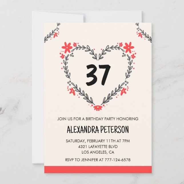 Invitación Corazón floral moderno para ella en su cumpleaños  (Anverso)