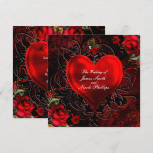 Invitación Corazón floral ornamental Romance gótico negro y r