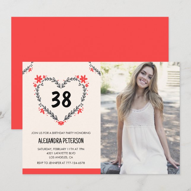 Invitación Corazón floral rojo elegante para su cumpleaños 38 (Anverso / Reverso)