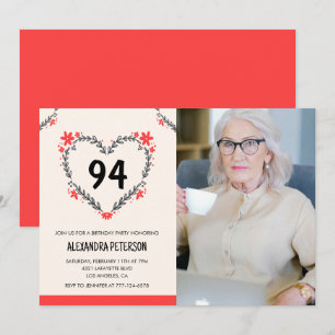 Invitación Corazón floral rojo elegante para su cumpleaños 94