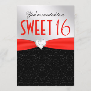 Invitación Corazón floral rojo y negro del diamante del