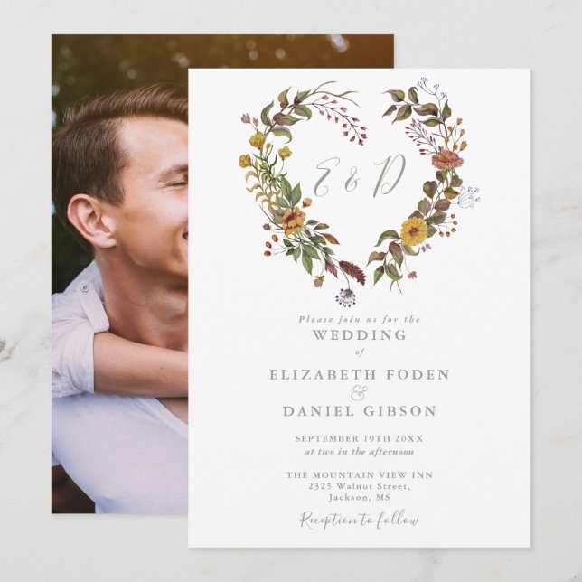 Invitación Corazón Floral Rústico Verde Salvia Boda Fotográfi (Anverso / Reverso)