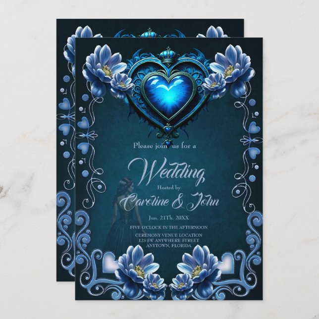 Invitación Corazón gótico azul rodeado de flores mágicas (Anverso / Reverso)