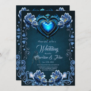 Invitación Corazón gótico azul rodeado de flores mágicas