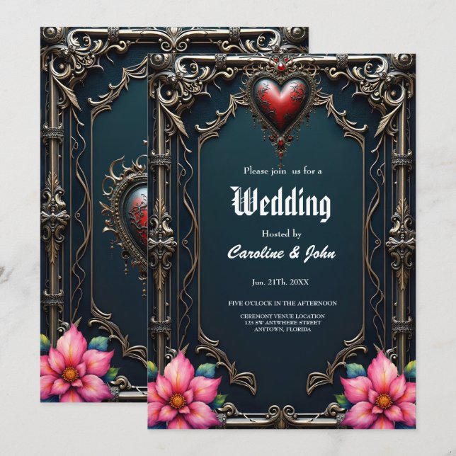 Invitación Corazón Gótico Victoriano Carmesí (Anverso / Reverso)