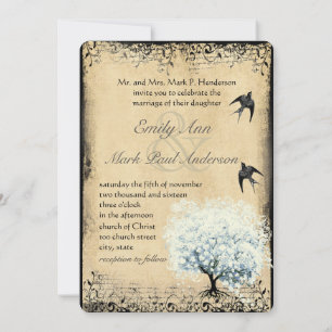 Invitación Corazón Hoja Árbol Azul Falso Pergamino Vintage