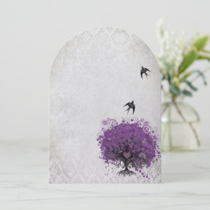 Invitación Corazón Hoja Berenjena Árbol Bodas Vintage Pájaros