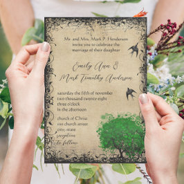 Invitación Corazón Hoja Esmeralda Árbol Vintage Bodas Pájaros
