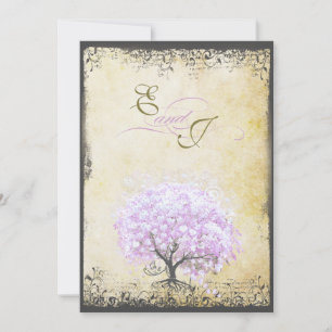 Invitación Corazón Hoja Lila Árbol Bodas Vintage Pájaro