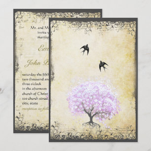 Invitación Corazón Hoja Lila Árbol Bodas Vintage Pájaro