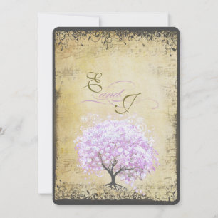 Invitación Corazón Hoja Lila Árbol Bodas Vintage Pájaro