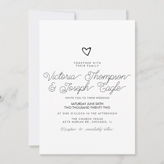 Invitación Corazón inclinado negro blanco moderno boda    (Anverso)