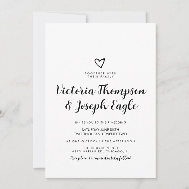 Invitación Corazón inclinado negro blanco Script | Boda moder (Anverso)
