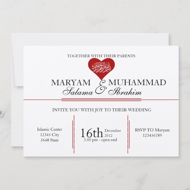 Invitación Corazón islámico del rojo del compromiso del boda (Anverso)