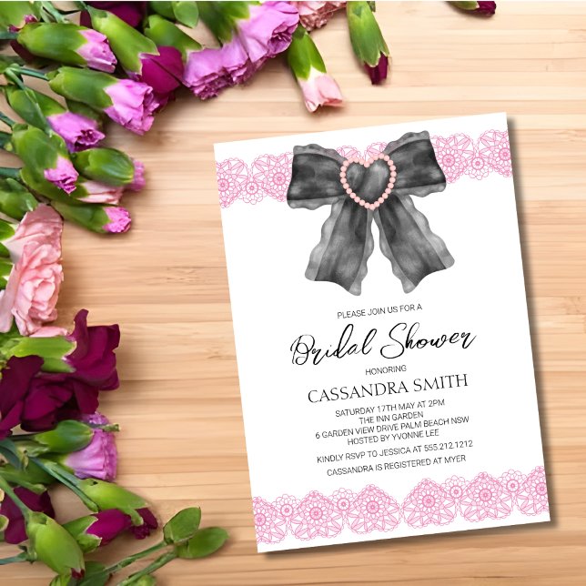 Invitación Corazón Lace Ribbon Black Bow Bridal Shower (Subido por el creador)