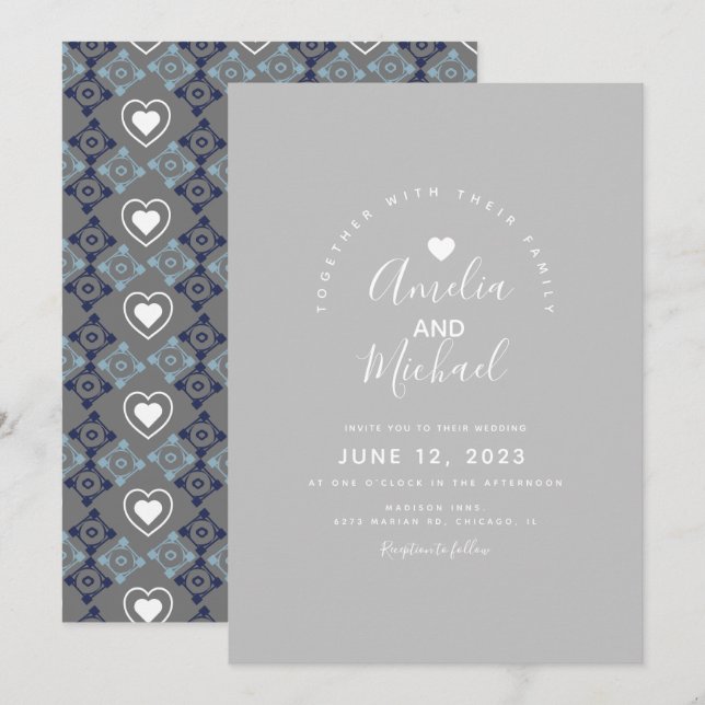 Invitación Corazón Mediterráneo Moderno Boda Gris (Anverso / Reverso)