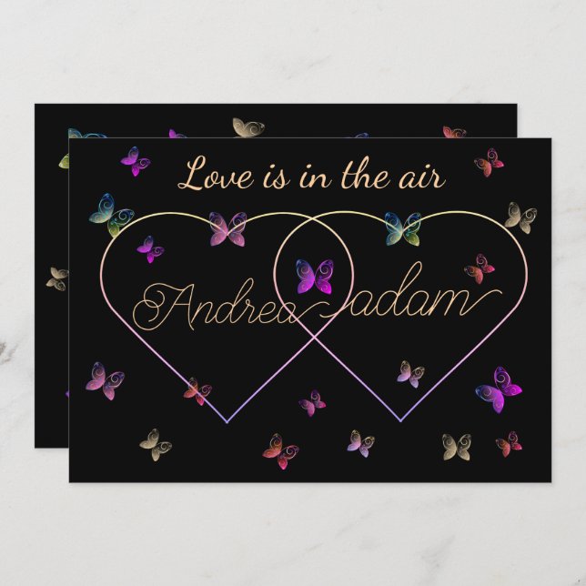 Invitación corazón moderno de mariposas voladoras (Anverso / Reverso)
