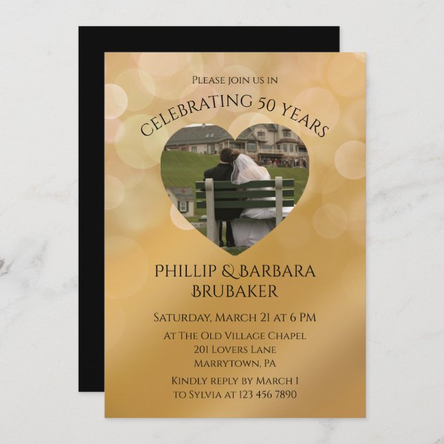 Invitación Corazón moderno foto de Golden 50° aniversario de  (Anverso / Reverso)